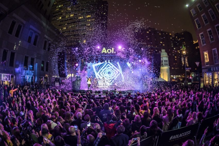 Aol. Stage celebration with crowd