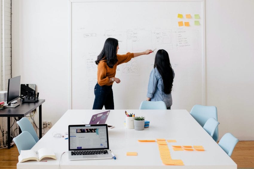 two women reviewing marketing plan on whiteboard